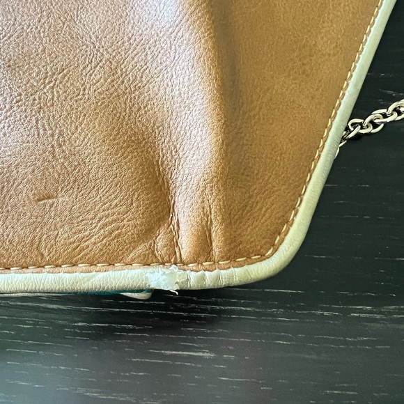 Big Buddha Santa Barbara green and tan clutch or shoulder purse with chain - Picture 6 of 9